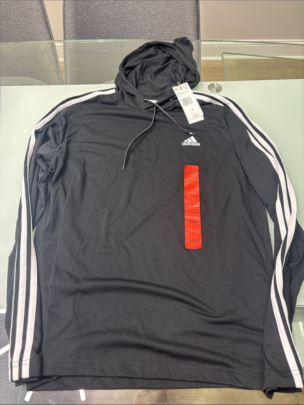adidas NWT Black Hoodie with White Sleeve Stripes light